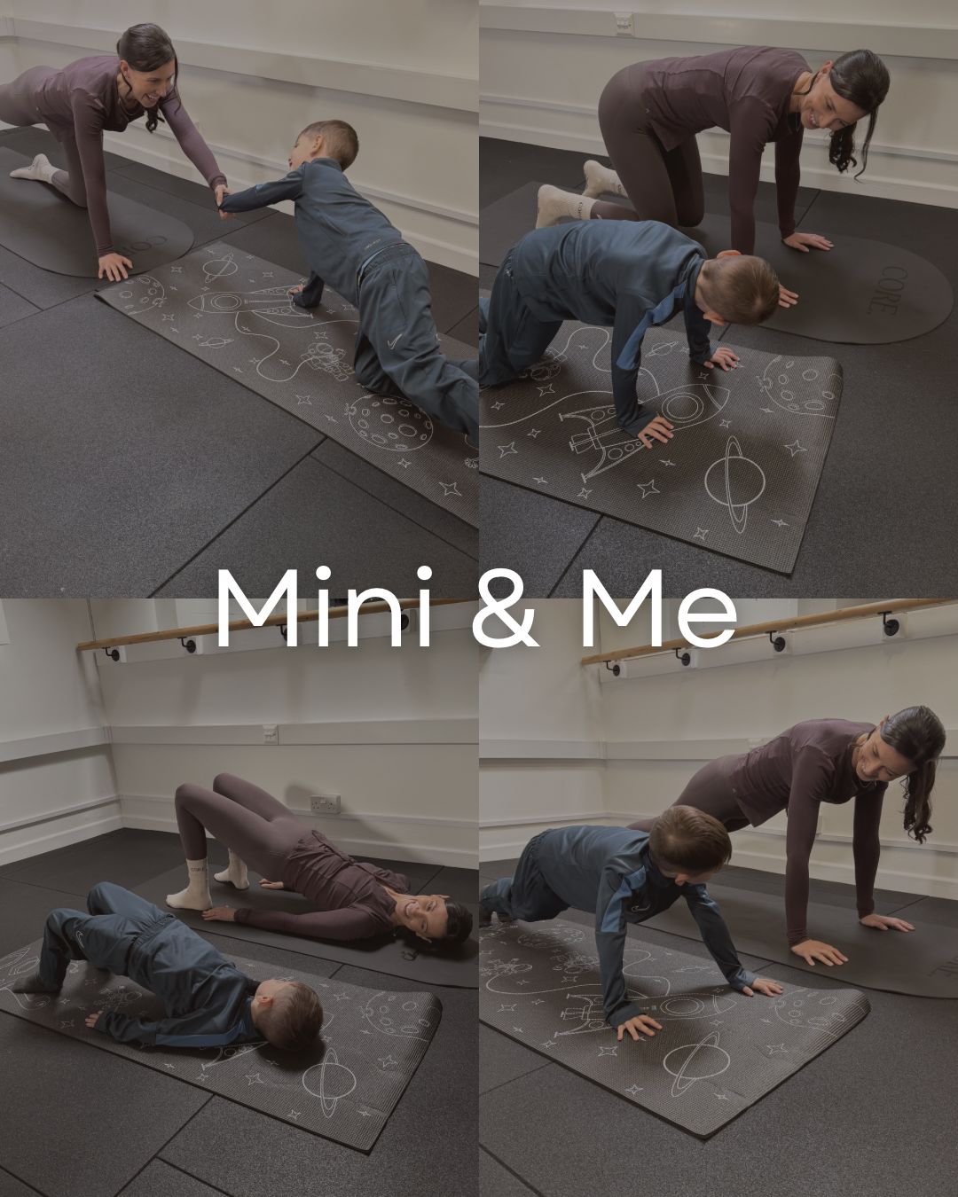 Mini & Me class — Stacey and her son doing pilates on a space-themed mat